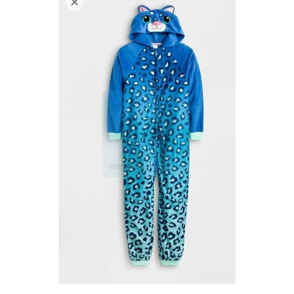 Cat And Jack Girls Spotted Dino Hooded One Pc Fleece Pajamas  size L(10-12) - Picture 1 of 7